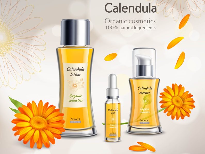Cosmetics Products Realistic Advertisement Poster Organic cosmetics skincare products realistic advertisement poster with calendula extract essence lotion and oil background vector illustration